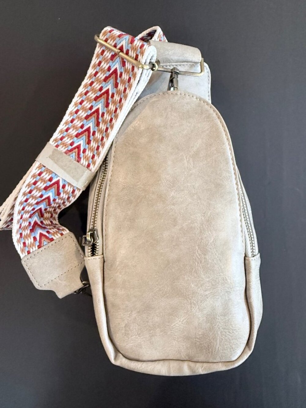 Gray Vegan Sling Bag with Multi-Color Guitar-Style Strap